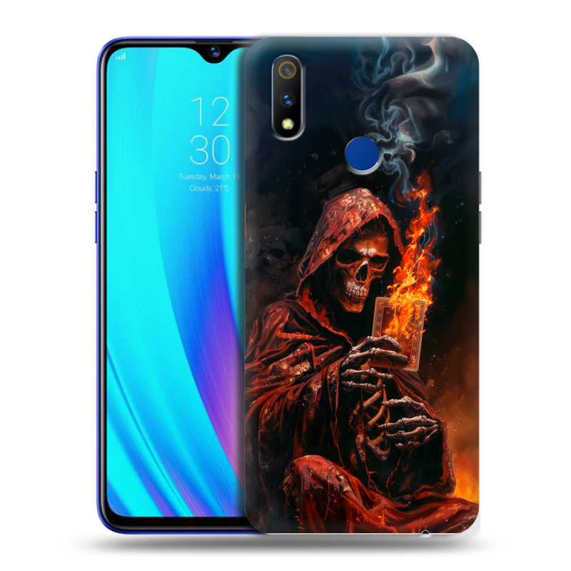 Силиконовый противоударный чехол на Realme 3 Pro с принтом Скелет и карты Силиконовый противоударный чехол на Realme 3 Pro с принтом Скелет и карты