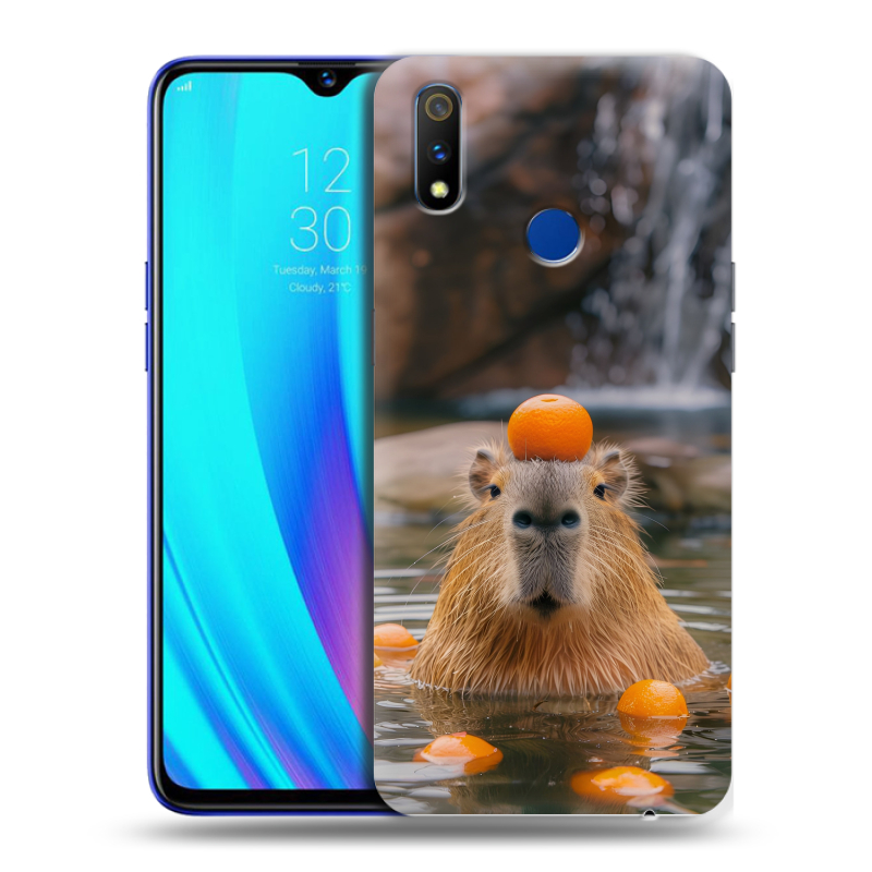 Силиконовый противоударный чехол на Realme 3 Pro с принтом Капибара с апельсином Силиконовый противоударный чехол на Realme 3 Pro с принтом Капибара с апельсином