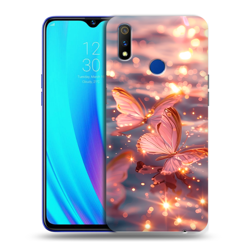 Силиконовый чехол на Realme 3 Pro с принтом бабочки розовые Силиконовый чехол на Realme 3 Pro с принтом бабочки розовые