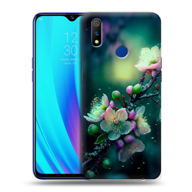 Силиконовый противоударный чехол на Realme 3 Pro с принтом Цветы и мрамор Силиконовый противоударный чехол на Realme 3 Pro с принтом Цветы и мрамор
