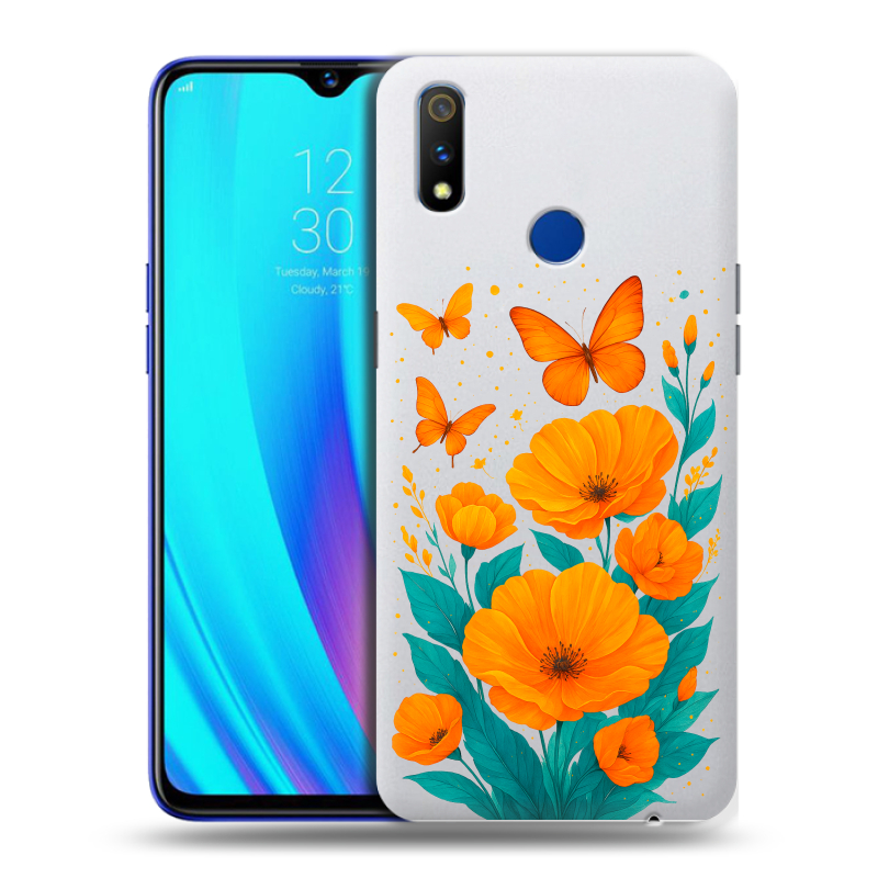 Силиконовый чехол на Realme 3 Pro с принтом цветы бабочки Силиконовый чехол на Realme 3 Pro с принтом цветы бабочки
