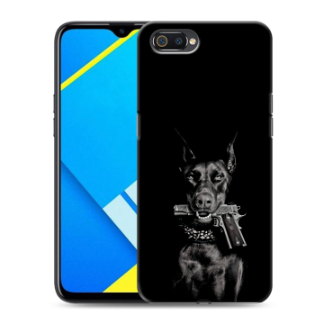 Силиконовый противоударный чехол на Realme C2 с принтом Доберман и пистолет