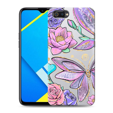 Силиконовый противоударный чехол на Realme C2 с принтом Бабочки и цветы Силиконовый противоударный чехол на Realme C2 с принтом Бабочки и цветы
