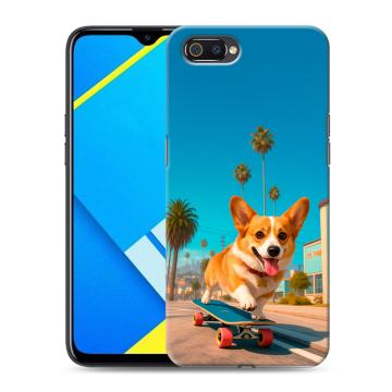 Силиконовый противоударный чехол на Realme C2 с принтом Корги на скейте Силиконовый противоударный чехол на Realme C2 с принтом Корги на скейте