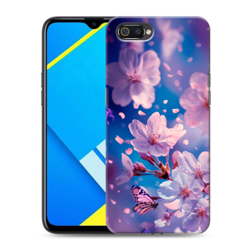 Силиконовый противоударный чехол на Realme C2 с принтом цветы бабочки Силиконовый противоударный чехол на Realme C2 с принтом цветы бабочки
