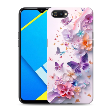 Силиконовый противоударный чехол на Realme C2 с принтом цветы бабочки Силиконовый противоударный чехол на Realme C2 с принтом цветы бабочки