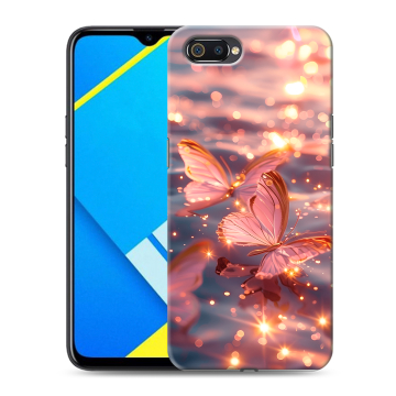 Силиконовый противоударный чехол на Realme C2 с принтом бабочки розовые Силиконовый противоударный чехол на Realme C2 с принтом бабочки розовые