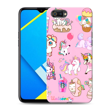 Силиконовый противоударный чехол на Realme C2 с принтом розовые единороги Силиконовый противоударный чехол на Realme C2 с принтом розовые единороги