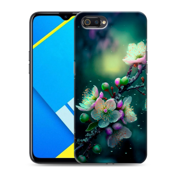 Силиконовый противоударный чехол на Realme C2 с принтом Цветы и мрамор Силиконовый противоударный чехол на Realme C2 с принтом Цветы и мрамор