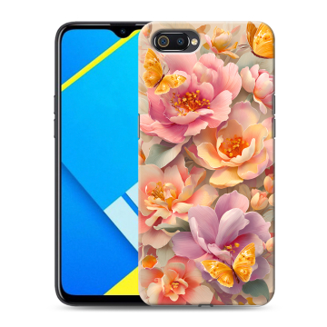 Силиконовый противоударный чехол на Realme C2 с принтом Цветы и бабочки Силиконовый противоударный чехол на Realme C2 с принтом Цветы и бабочки