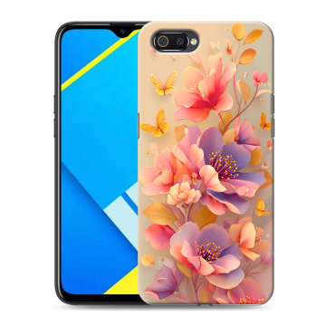 Силиконовый противоударный чехол на Realme C2 с принтом Цветы и бабочки Силиконовый противоударный чехол на Realme C2 с принтом Цветы и бабочки