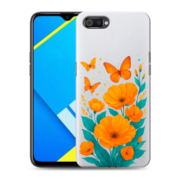 Силиконовый противоударный чехол на Realme C2 с принтом цветы бабочки Силиконовый противоударный чехол на Realme C2 с принтом цветы бабочки