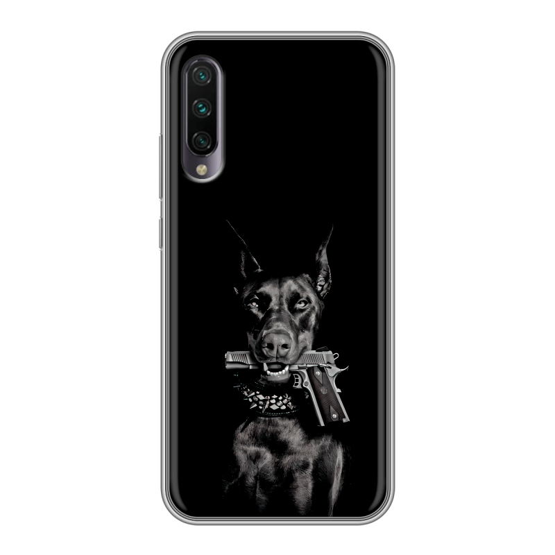 Силиконовый противоударный чехол на Xiaomi Mi A3 с принтом Доберман и пистолет Силиконовый противоударный чехол на Xiaomi Mi A3 с принтом Доберман и пистолет
