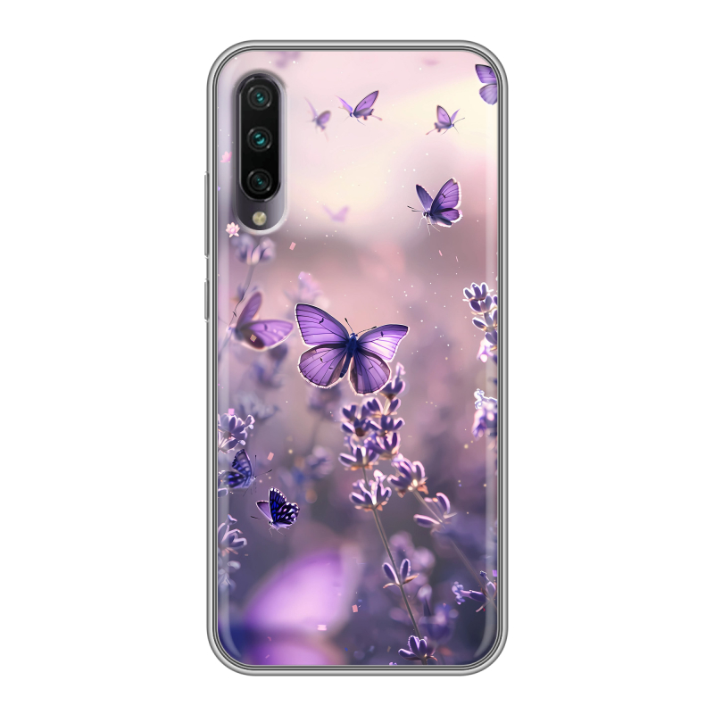 Силиконовый противоударный чехол на Xiaomi Mi A3 с принтом бабочки и лаванда Силиконовый противоударный чехол на Xiaomi Mi A3 с принтом бабочки и лаванда