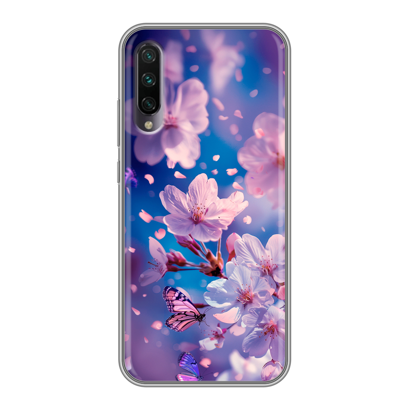 Силиконовый противоударный чехол на Xiaomi Mi A3 с принтом цветы бабочки Силиконовый противоударный чехол на Xiaomi Mi A3 с принтом цветы бабочки