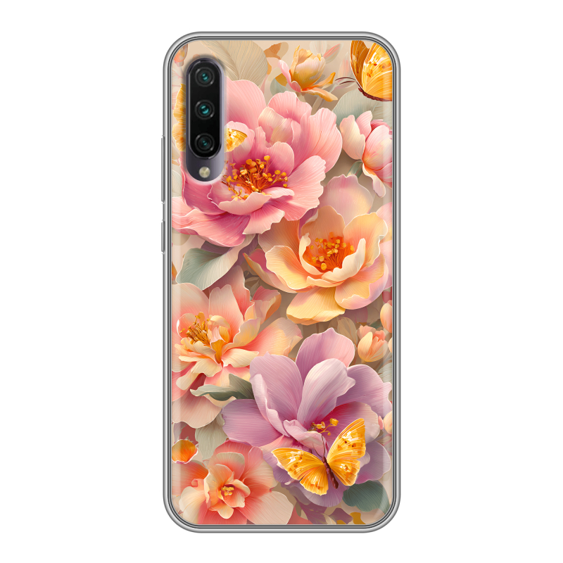 Силиконовый противоударный чехол на Xiaomi Mi A3 с принтом Цветы и бабочки Силиконовый противоударный чехол на Xiaomi Mi A3 с принтом Цветы и бабочки