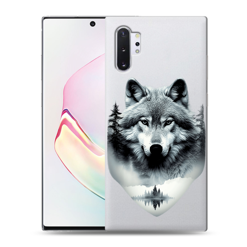 Силиконовый противоударный чехол на Samsung Galaxy Note 10 Plus с принтом Волк в лесу Силиконовый противоударный чехол на Samsung Galaxy Note 10 Plus с принтом Волк в лесу