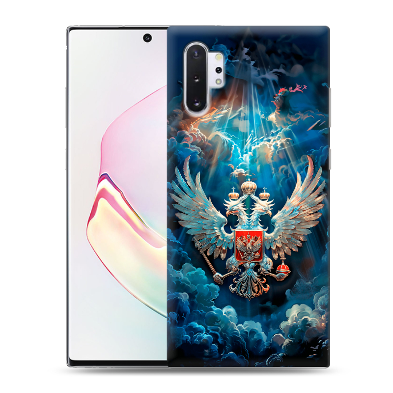 Силиконовый противоударный чехол на Samsung Galaxy Note 10 Plus с принтом Герб флаг России Силиконовый противоударный чехол на Samsung Galaxy Note 10 Plus с принтом Герб флаг России