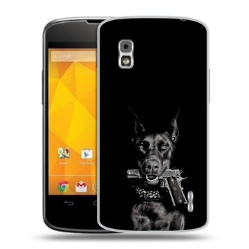 Пластиковый чехол на LG Google Nexus 4 с принтом Доберман и пистолет Пластиковый чехол на LG Google Nexus 4 с принтом Доберман и пистолет