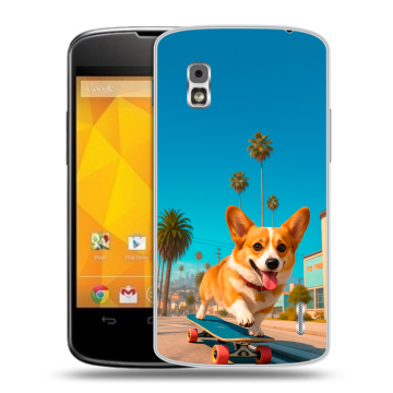 Пластиковый чехол на LG Google Nexus 4 с принтом Корги на скейте