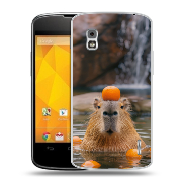 Пластиковый чехол на LG Google Nexus 4 с принтом Капибара с апельсином Пластиковый чехол на LG Google Nexus 4 с принтом Капибара с апельсином