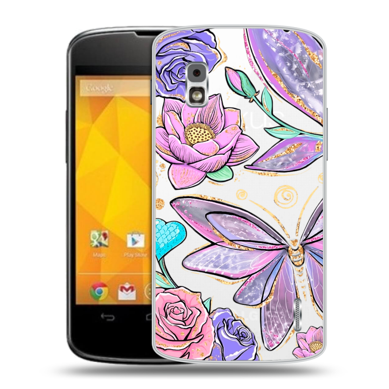 Пластиковый чехол на LG Google Nexus 4 с принтом Бабочки и цветы Пластиковый чехол на LG Google Nexus 4 с принтом Бабочки и цветы