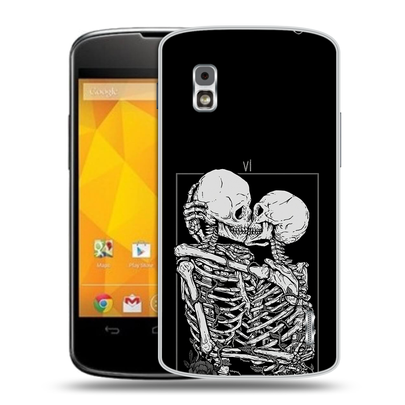 Пластиковый чехол на LG Google Nexus 4 с принтом Поцелуй скелетов Пластиковый чехол на LG Google Nexus 4 с принтом Поцелуй скелетов