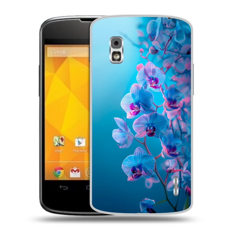 Пластиковый чехол на LG Google Nexus 4 с принтом голубые орхидеи Пластиковый чехол на LG Google Nexus 4 с принтом голубые орхидеи
