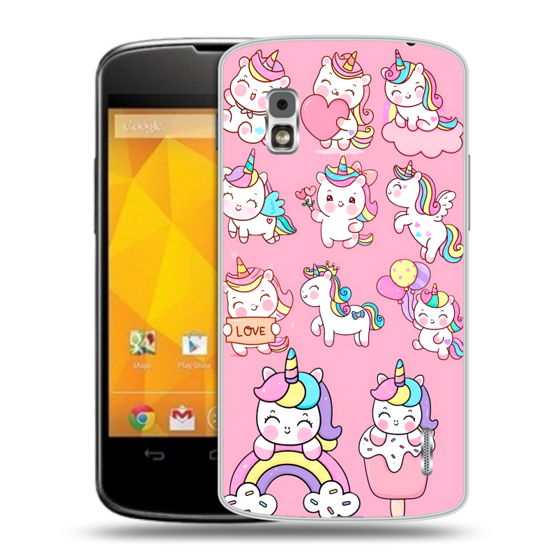 Пластиковый чехол на LG Google Nexus 4 с принтом Единороги и радуга Пластиковый чехол на LG Google Nexus 4 с принтом Единороги и радуга