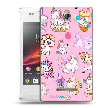 Силиконовый чехол на Sony Xperia E с принтом розовые единороги
