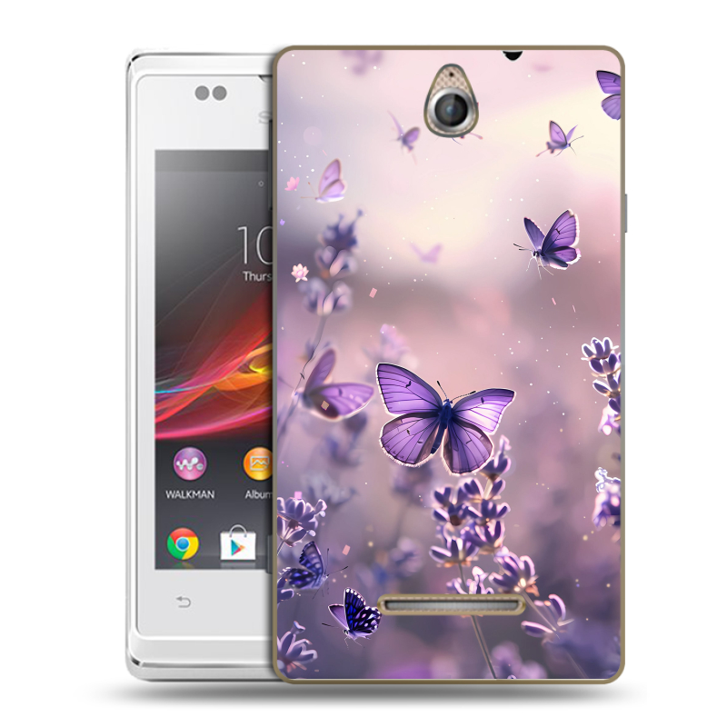 Силиконовый чехол на Sony Xperia E с принтом бабочки и лаванда Силиконовый чехол на Sony Xperia E с принтом бабочки и лаванда