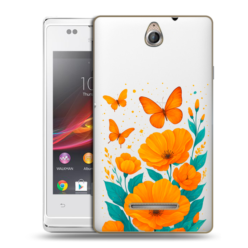 Силиконовый чехол на Sony Xperia E с принтом цветы бабочки Силиконовый чехол на Sony Xperia E с принтом цветы бабочки