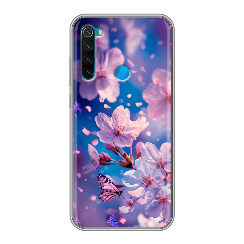 Силиконовый чехол на Xiaomi RedMi Note 8 с принтом цветы бабочки Силиконовый чехол на Xiaomi RedMi Note 8 с принтом цветы бабочки