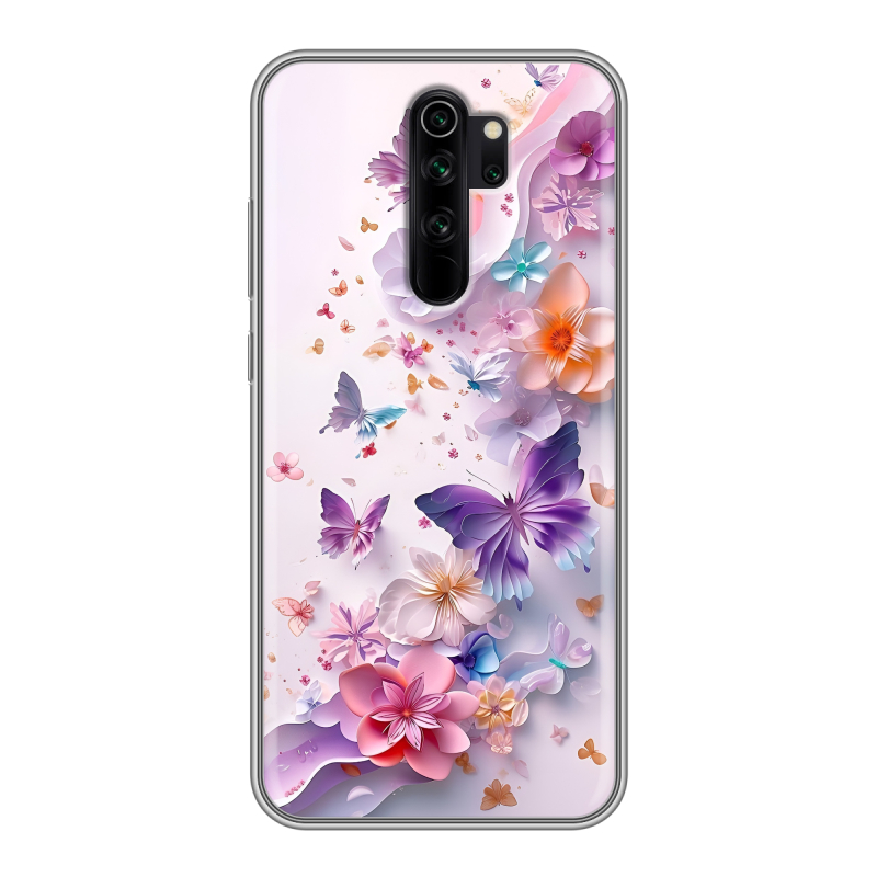 Силиконовый чехол на Xiaomi RedMi Note 8 Pro с принтом цветы бабочки Силиконовый чехол на Xiaomi RedMi Note 8 Pro с принтом цветы бабочки