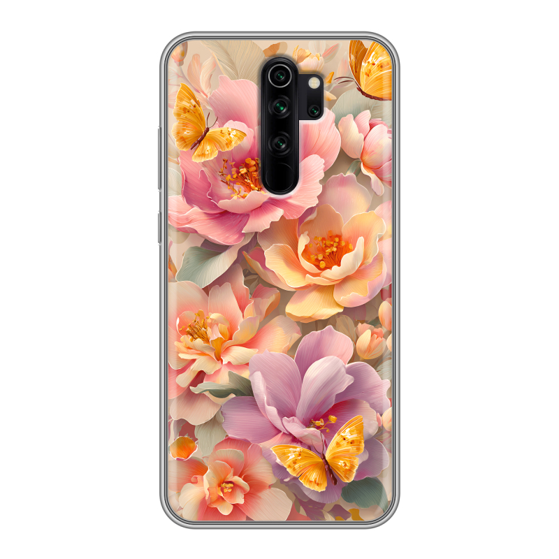 Силиконовый чехол на Xiaomi RedMi Note 8 Pro с принтом Цветы и бабочки Силиконовый чехол на Xiaomi RedMi Note 8 Pro с принтом Цветы и бабочки