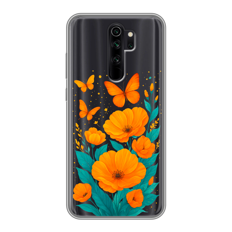 Силиконовый чехол на Xiaomi RedMi Note 8 Pro с принтом цветы бабочки Силиконовый чехол на Xiaomi RedMi Note 8 Pro с принтом цветы бабочки