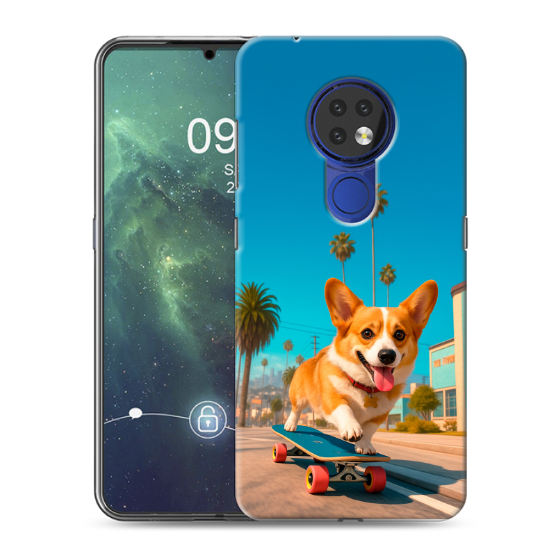 Силиконовый противоударный чехол на Nokia 6.2 с принтом Корги на скейте Силиконовый противоударный чехол на Nokia 6.2 с принтом Корги на скейте