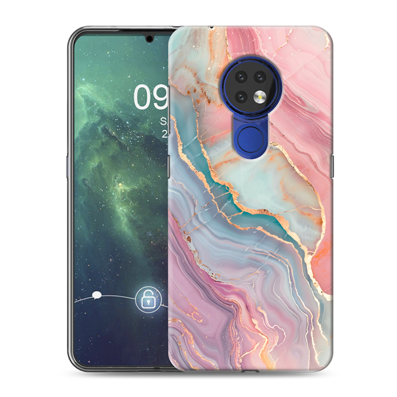 Силиконовый противоударный чехол на Nokia 6.2 с принтом розовый мрамор Силиконовый противоударный чехол на Nokia 6.2 с принтом розовый мрамор