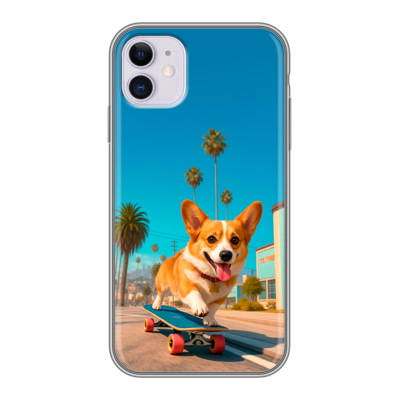 Силиконовый чехол на Iphone 11 с принтом Корги на скейте Силиконовый чехол на Iphone 11 с принтом Корги на скейте