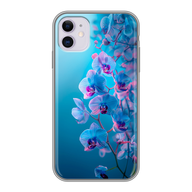 Силиконовый противоударный чехол на Iphone 11 с принтом голубые орхидеи Силиконовый противоударный чехол на Iphone 11 с принтом голубые орхидеи