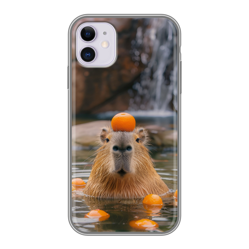 Силиконовый противоударный чехол на Iphone 11 с принтом Капибара с апельсином Силиконовый противоударный чехол на Iphone 11 с принтом Капибара с апельсином