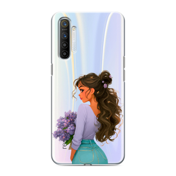 Силиконовый противоударный чехол на Realme XT с принтом девушка цветы