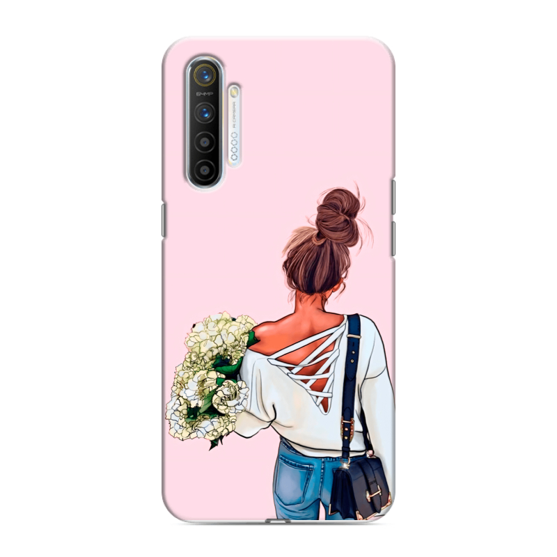 Силиконовый противоударный чехол на Realme XT с принтом Девушка и букет Силиконовый противоударный чехол на Realme XT с принтом Девушка и букет