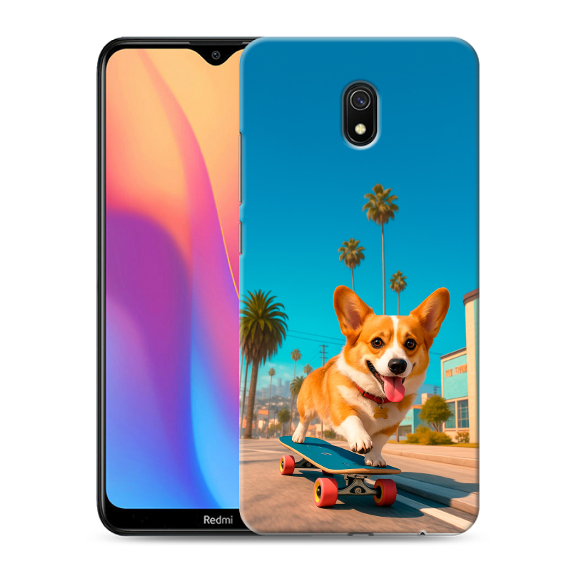 Пластиковый чехол на Xiaomi RedMi 8A с принтом Корги на скейте Пластиковый чехол на Xiaomi RedMi 8A с принтом Корги на скейте