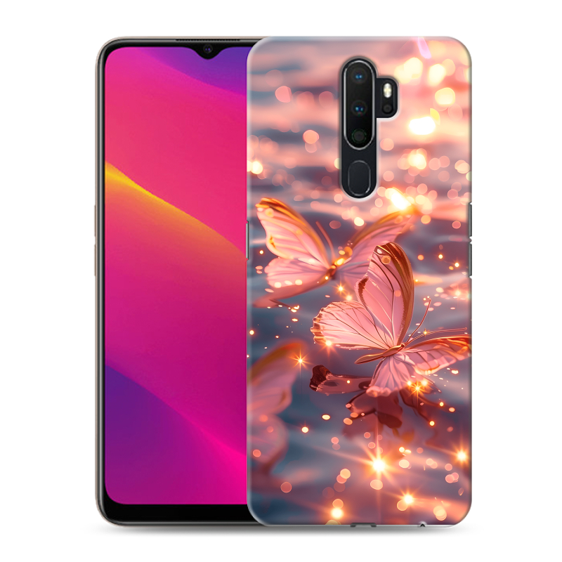Силиконовый противоударный чехол на OPPO A5 (2020) с принтом бабочки розовые Силиконовый противоударный чехол на OPPO A5 (2020) с принтом бабочки розовые
