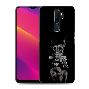 Силиконовый противоударный чехол на OPPO A9 (2020) с принтом Доберман и пистолет Силиконовый противоударный чехол на OPPO A9 (2020) с принтом Доберман и пистолет