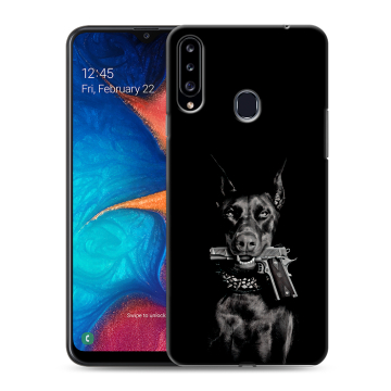 Силиконовый чехол на Samsung Galaxy A20s с принтом Доберман и пистолет Силиконовый чехол на Samsung Galaxy A20s с принтом Доберман и пистолет