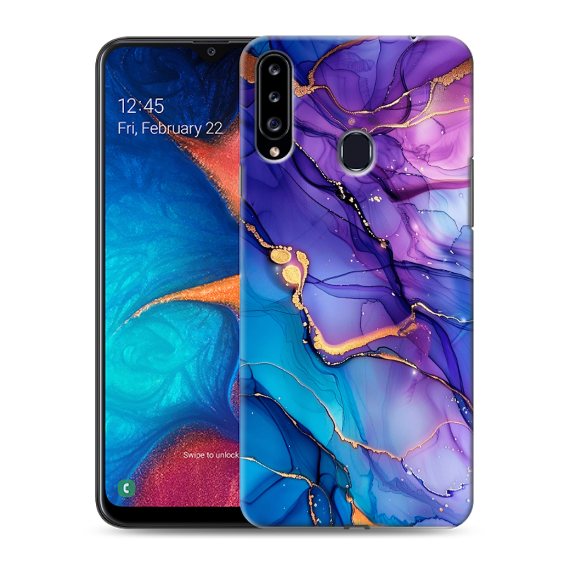 Силиконовый противоударный чехол на Samsung Galaxy A20s с принтом синий мрамор Силиконовый противоударный чехол на Samsung Galaxy A20s с принтом синий мрамор