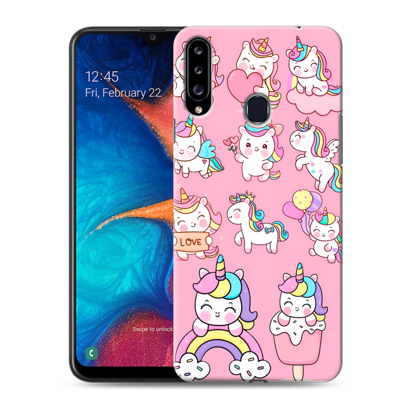 Силиконовый противоударный чехол на Samsung Galaxy A20s с принтом Единороги и радуга Силиконовый противоударный чехол на Samsung Galaxy A20s с принтом Единороги и радуга