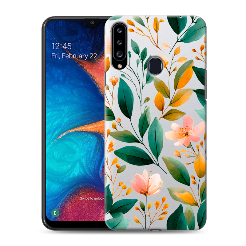 Силиконовый противоударный чехол на Samsung Galaxy A20s с принтом Цветы паттерн Силиконовый противоударный чехол на Samsung Galaxy A20s с принтом Цветы паттерн